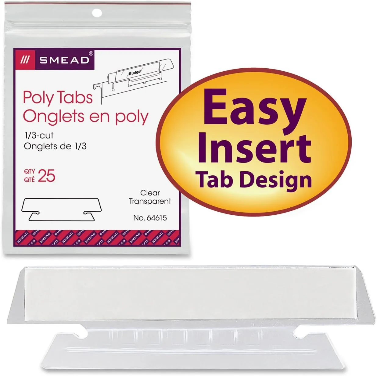 Smead Poly Tab 1/3 Cut, Clear, 25 Per Pack (64615) 1/3-Cut Tabs