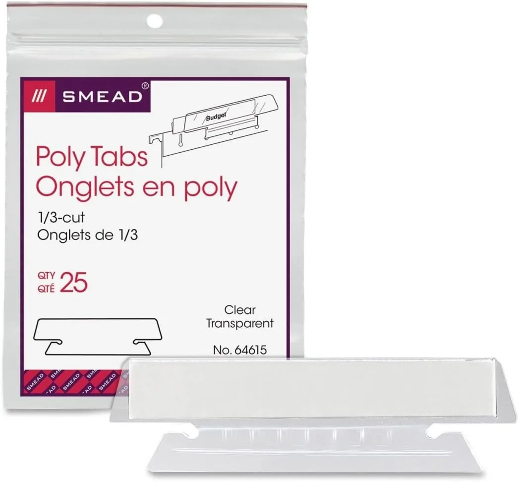 Smead Poly Tab 1/3 Cut, Clear, 25 Per Pack (64615) 1/3-Cut Tabs