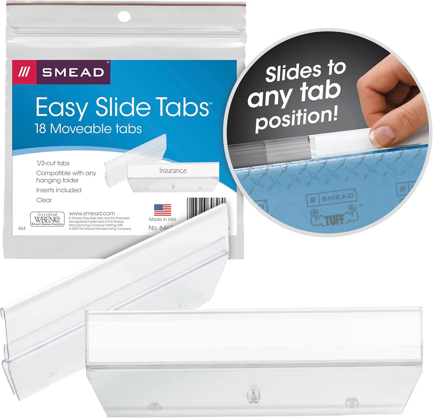 Smead Easy Slide Tab, 1/3-Cut, Clear, 18 Per Pack (64626)
