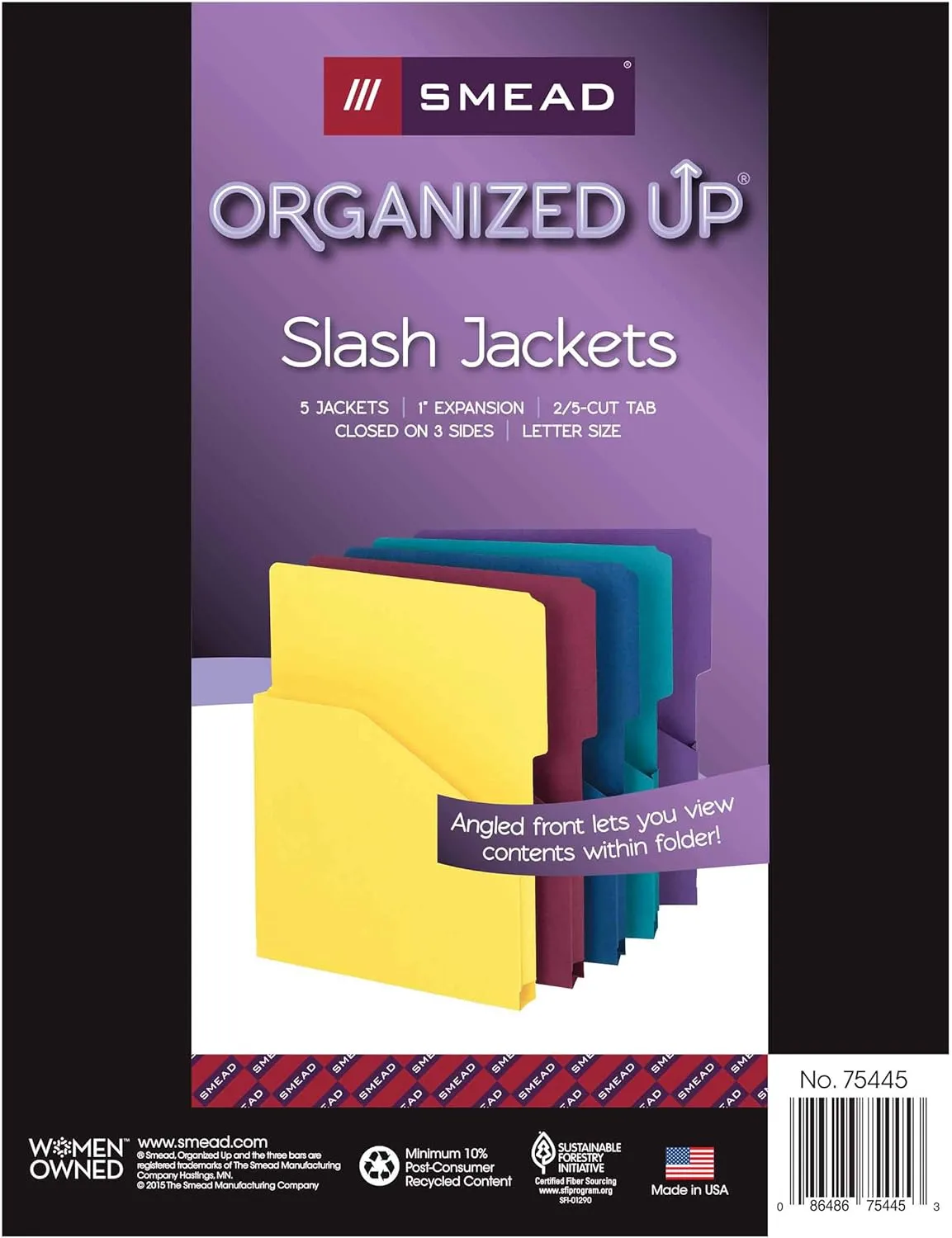 Smead Organized Up Expanding Slash Jacket, 2/5-Cut Tab, 1 in Expansion, Letter Size, Assorted Colors, 5 per Pack (75445)