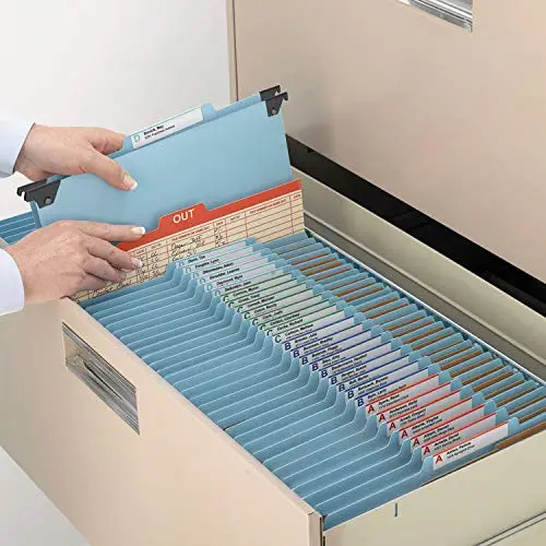 Smead FasTab Hanging Pressboard Classification Folder with SafeSHIELD Fasteners, 1 Divider, 2/5-Cut Built-in Tab, Letter Size, Blue, 10 per Box (65105)