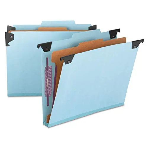 Smead FasTab Hanging Pressboard Classification Folder with SafeSHIELD Fasteners, 1 Divider, 2/5-Cut Built-in Tab, Letter Size, Blue, 10 per Box (65105)