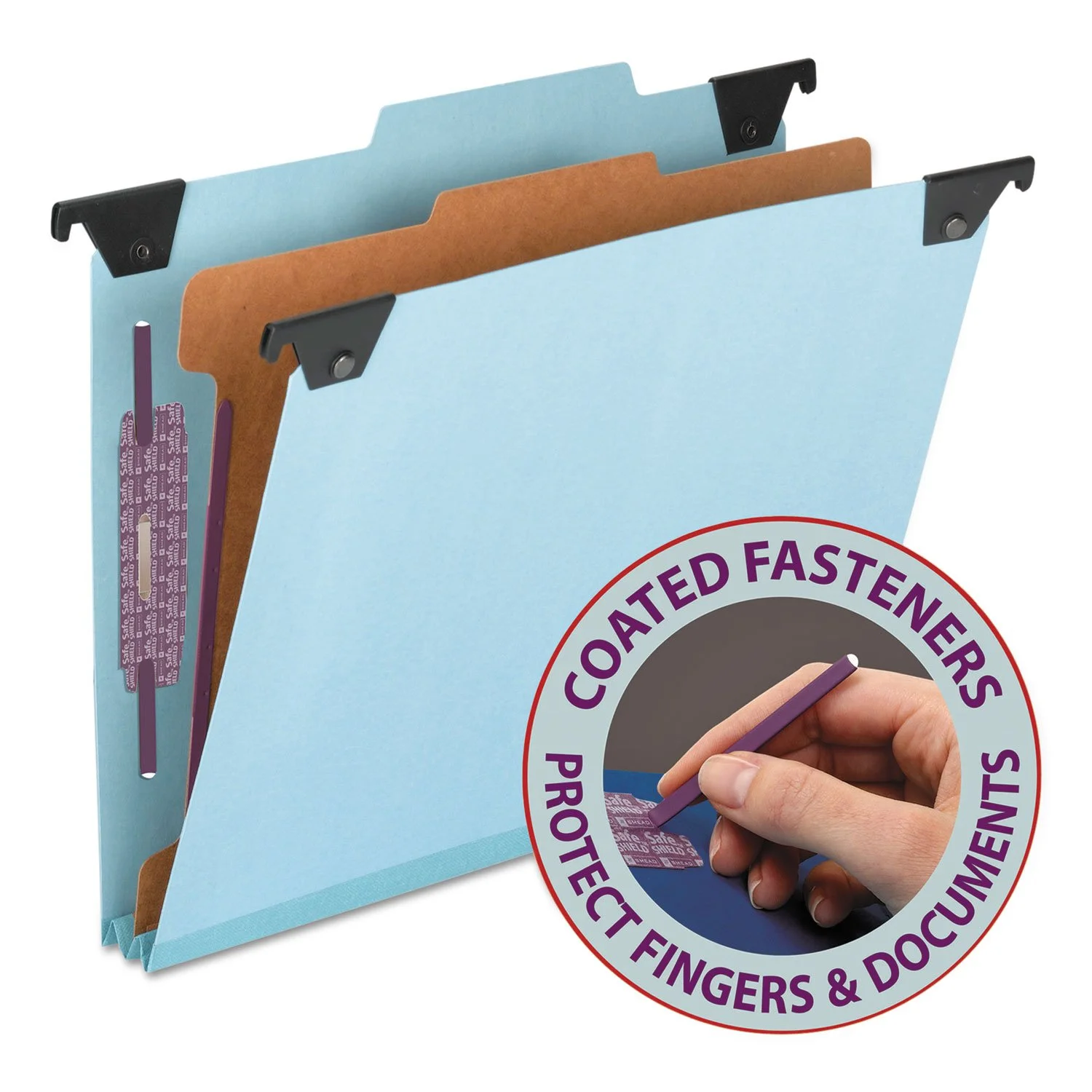Smead FasTab Hanging Pressboard Classification Folder with SafeSHIELD Fasteners, 1 Divider, 2/5-Cut Built-in Tab, Letter Size, Blue, 10 per Box (65105)