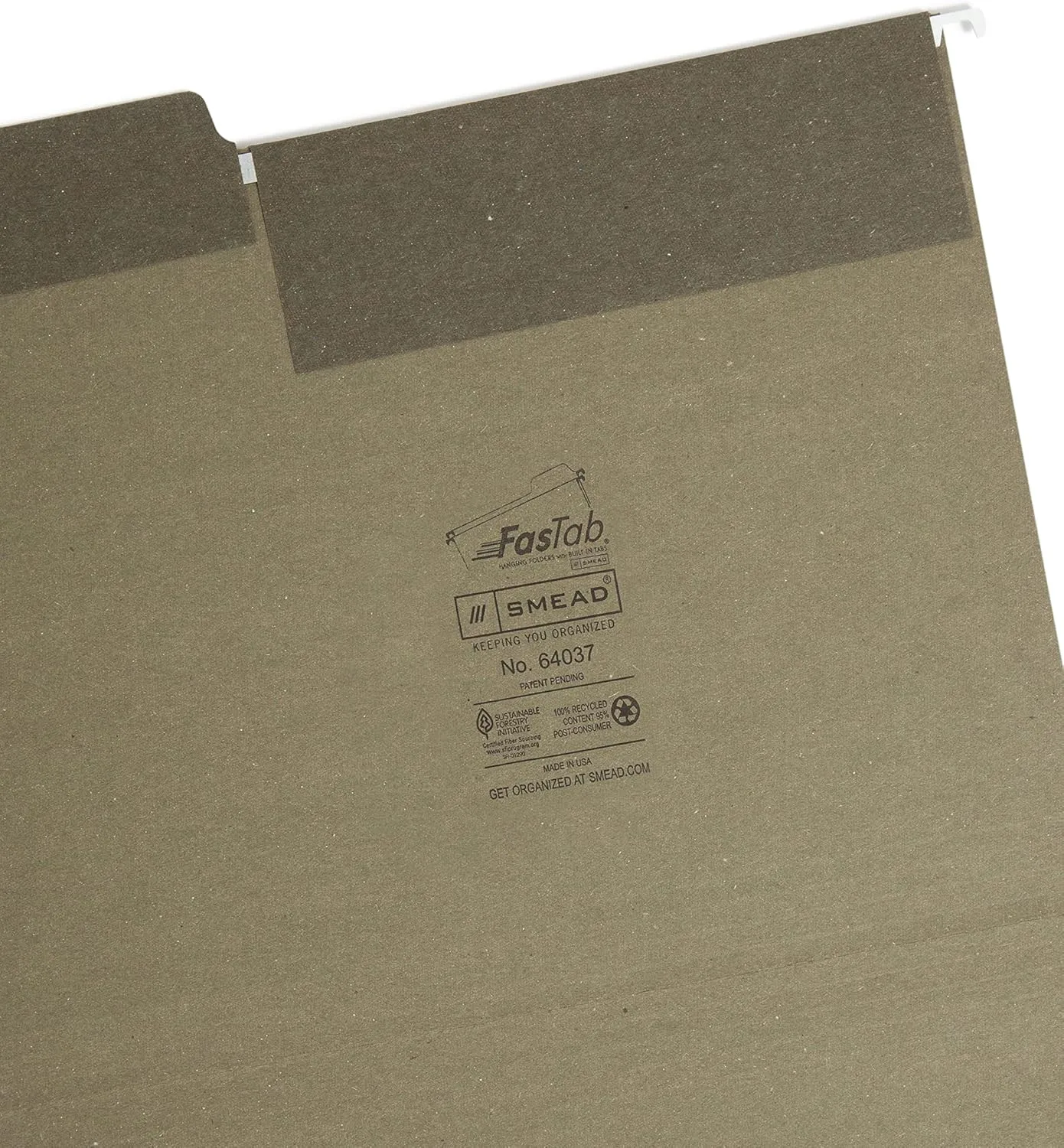 Smead 100% Recycled FasTab Hanging File Folder, 1/3-Cut, Letter, Standard Green, 20/Box (64037)