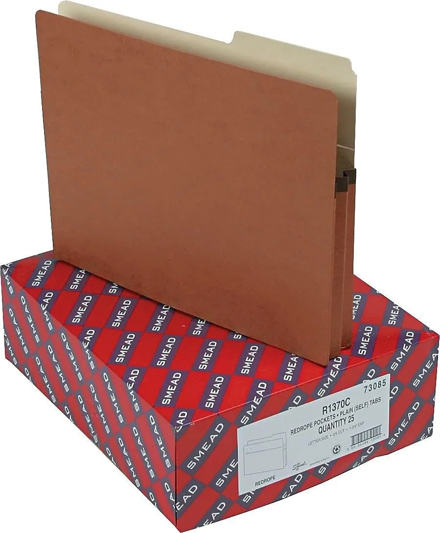 Smead 2/5-Cut Top-Tab File Pockets, Letter Size, 1 3/4in Expansion, 30% Recycled, Redrope, Box Of 25