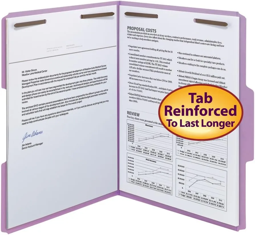 Smead Fastener File Folder, 2 Fasteners, Reinforced 1/3-Cut Tab, Letter Size, Lavender, 50 per Box (12440)