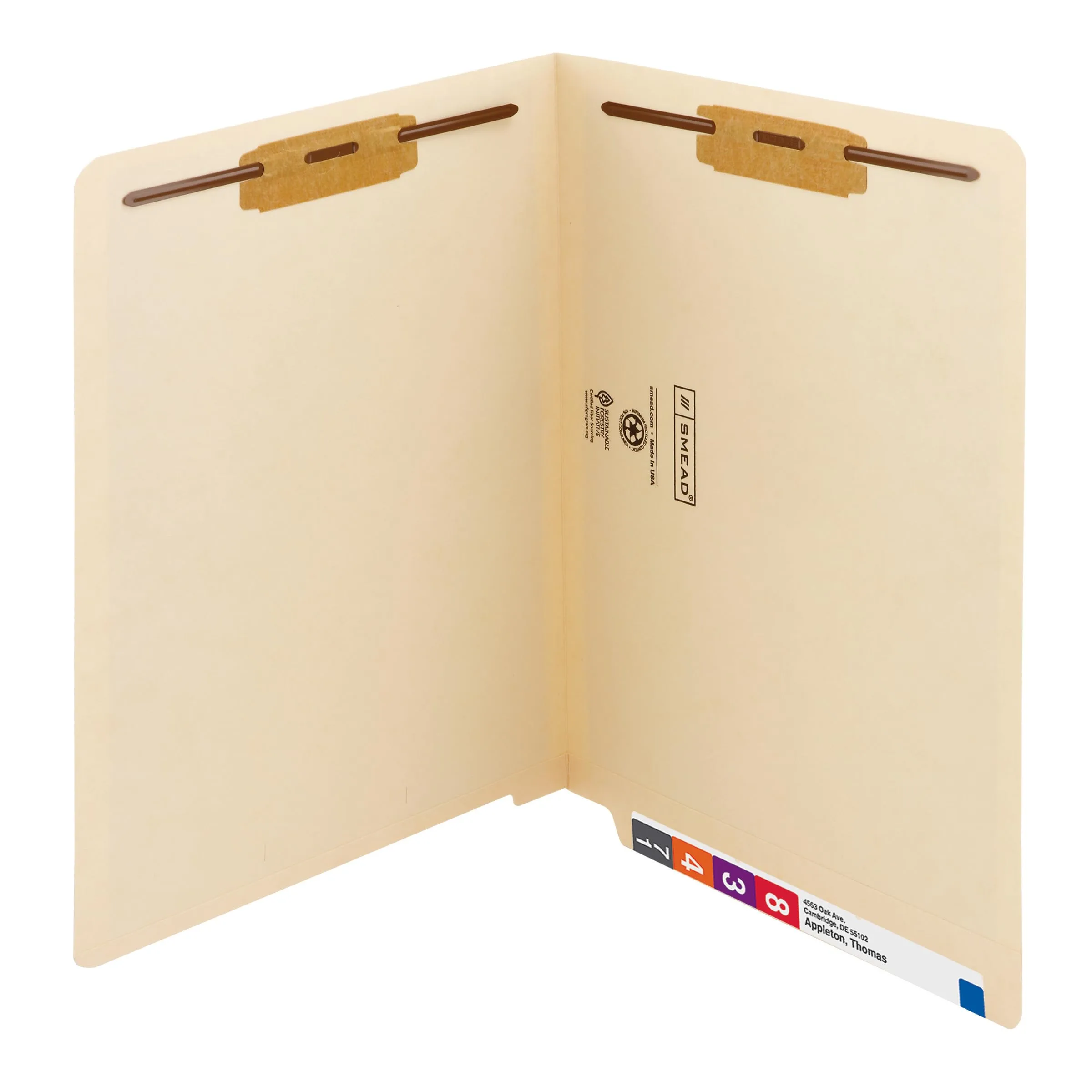 SMEAD End Tab Fastener File Folders, Shelf-Master® Reinforced Straight-Cut Tab, 2 Fasteners, Letter Size
