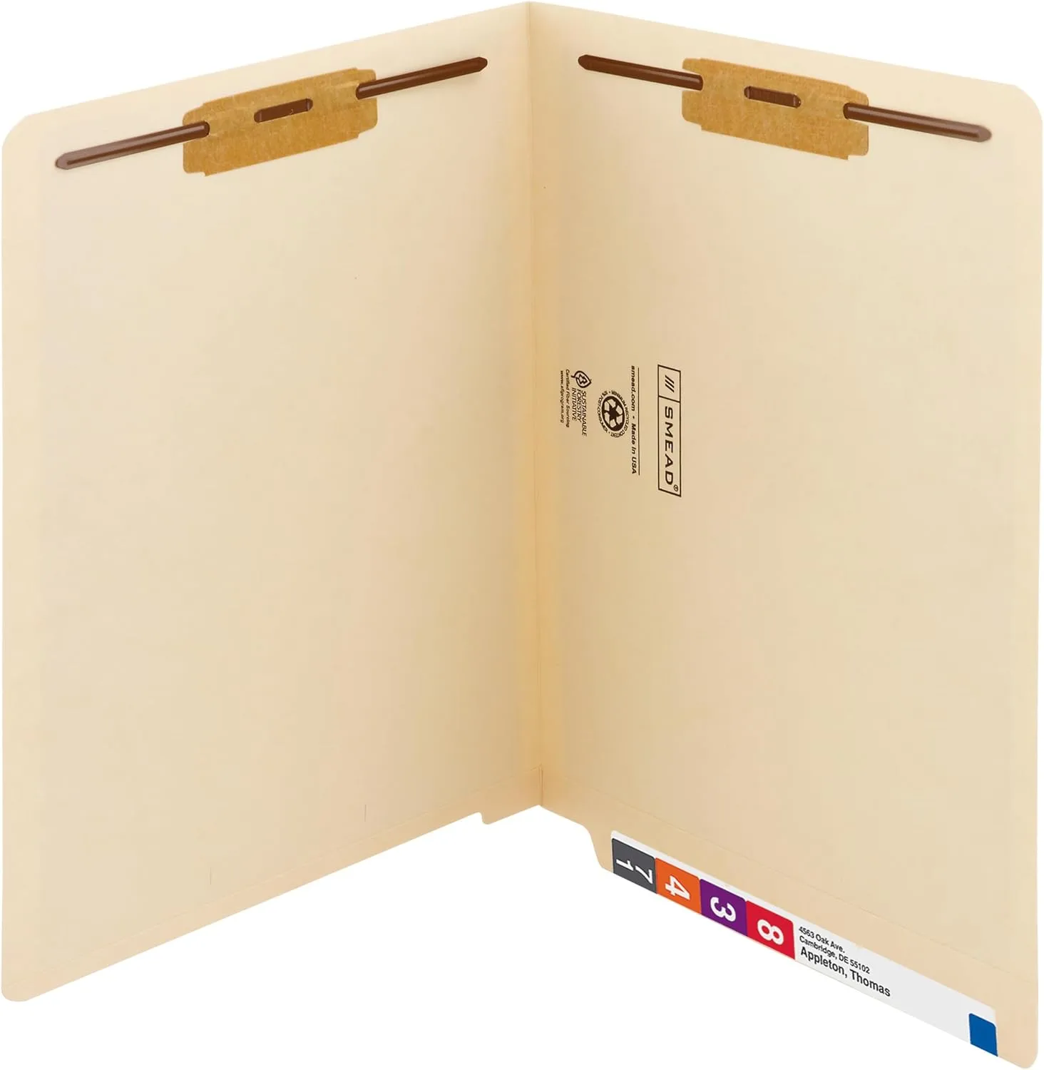 SMEAD End Tab Fastener File Folders, Shelf-Master® Reinforced Straight-Cut Tab, 2 Fasteners, Letter Size