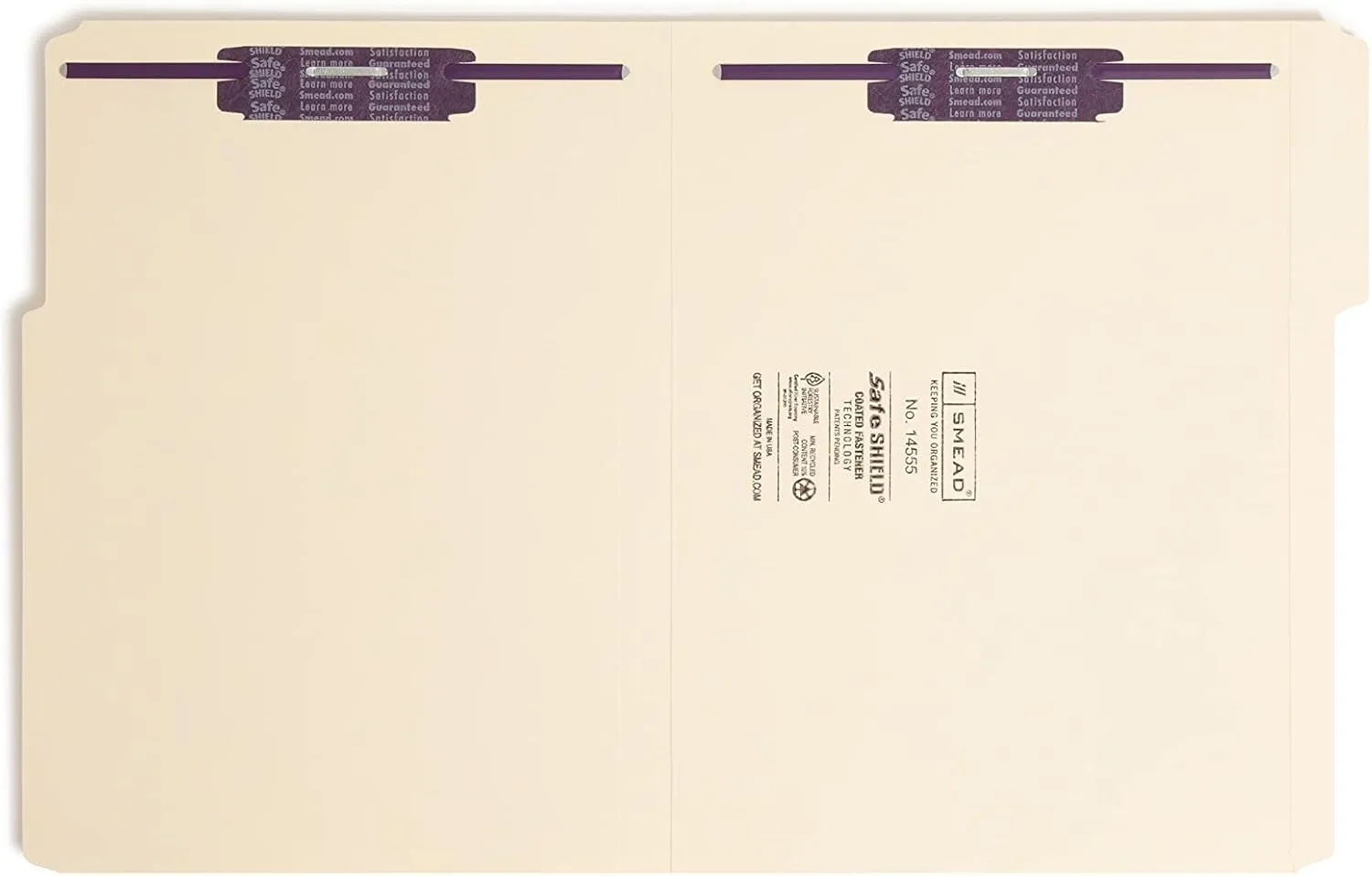 Smead Fastener File Folder with SafeSHIELD® Fasteners, 2 Fasteners, Reinforced 1/3-Cut Tab, Letter Size, Manila, 50 per Box (14555)