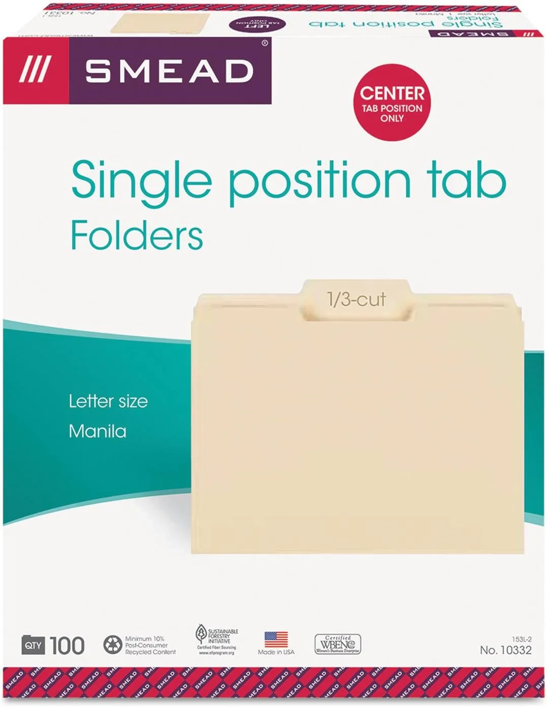 Smead File Folder, 1/3-Cut Tab, Center Position, Letter Size, Manila, 100 per Box (10332)