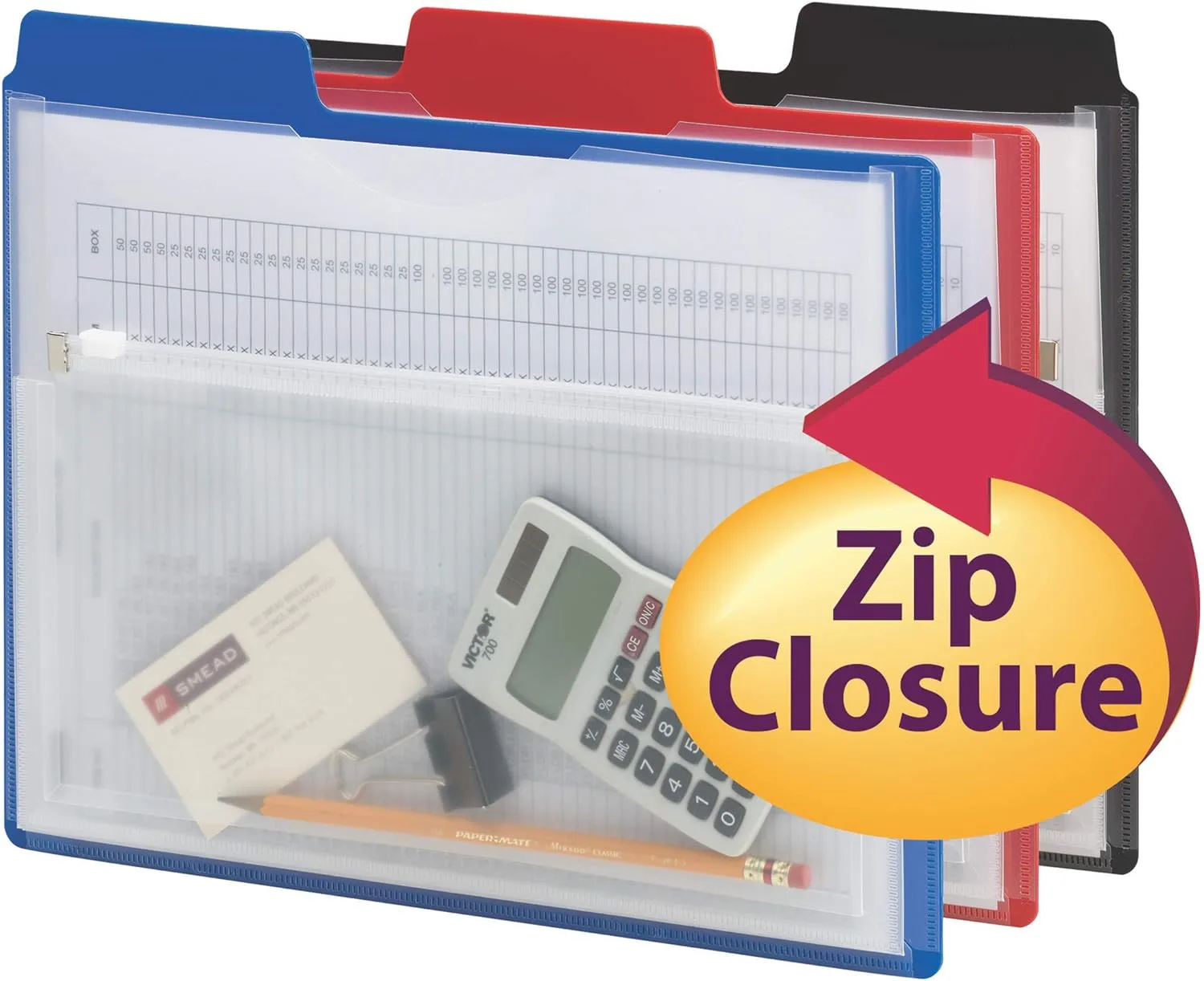 Smead Poly Project Organizer with Zip Pouch, 1/3-Cut Tab, 1/2” Expansion, Letter Size, Assorted Colors, 3 per Pack (89614)