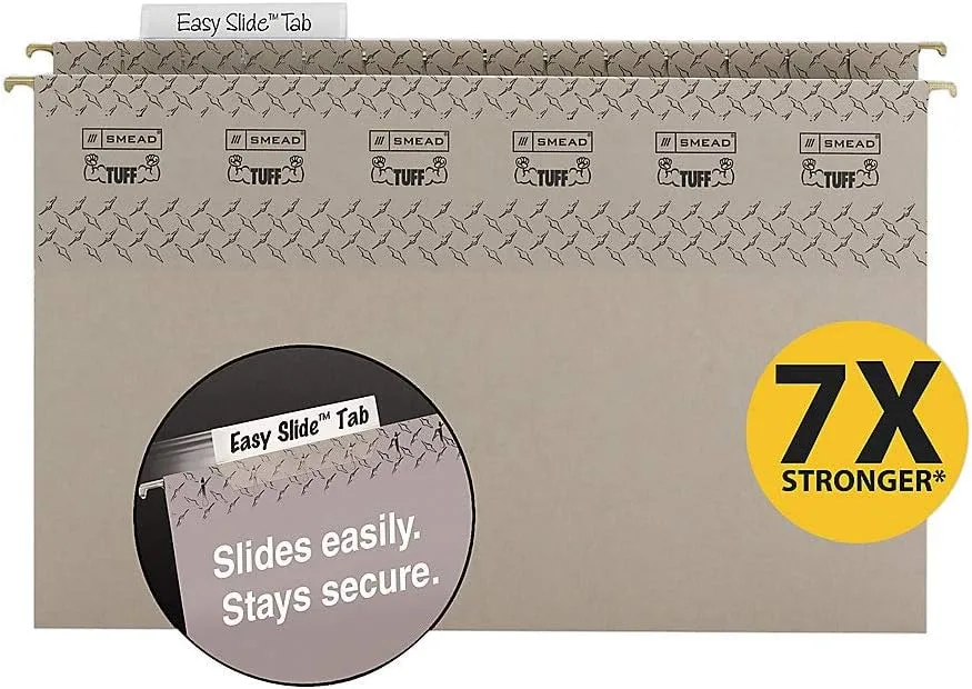 Smead TUFF Extra Capacity Box Bottom Hanging Folder, 2" Expansion, 1/3-Cut Easy Slide Tab, Legal Size, Steel Gray, 18 per Box (64340)