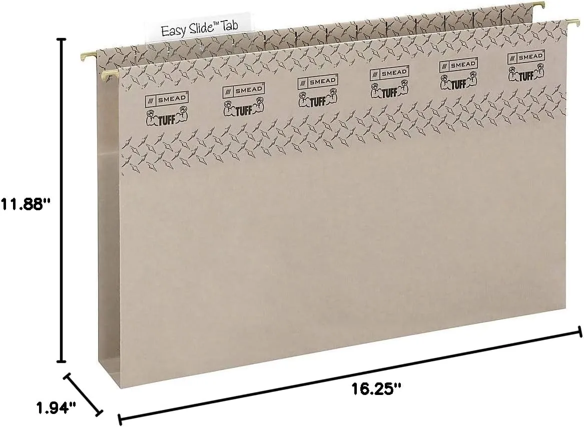 Smead TUFF Extra Capacity Box Bottom Hanging Folder, 2" Expansion, 1/3-Cut Easy Slide Tab, Legal Size, Steel Gray, 18 per Box (64340)