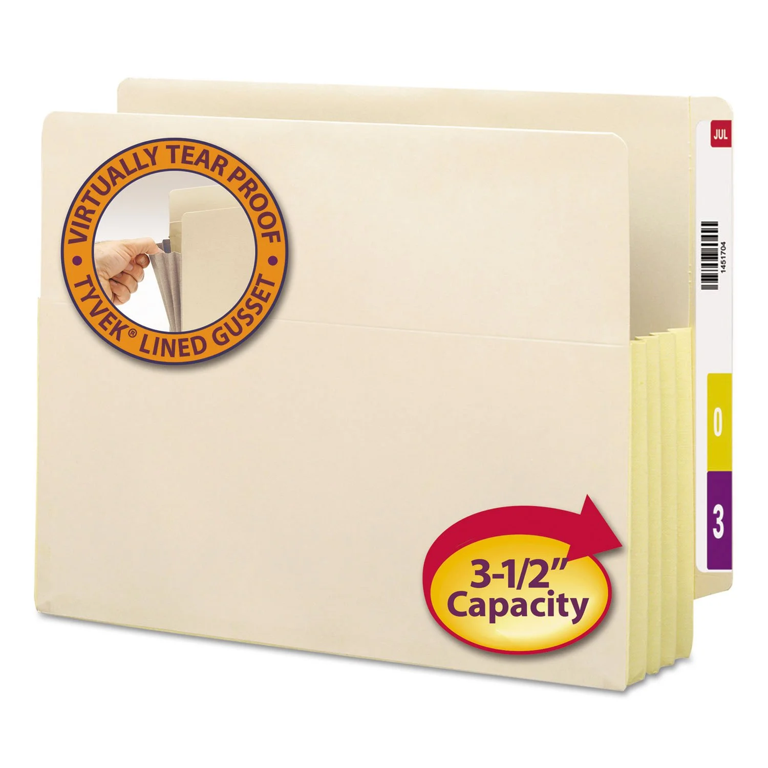 Smead 3 1/2" Exp End Tab File Pockets w/Tyvek, Letter, Manila, 10/Box -SMD75164