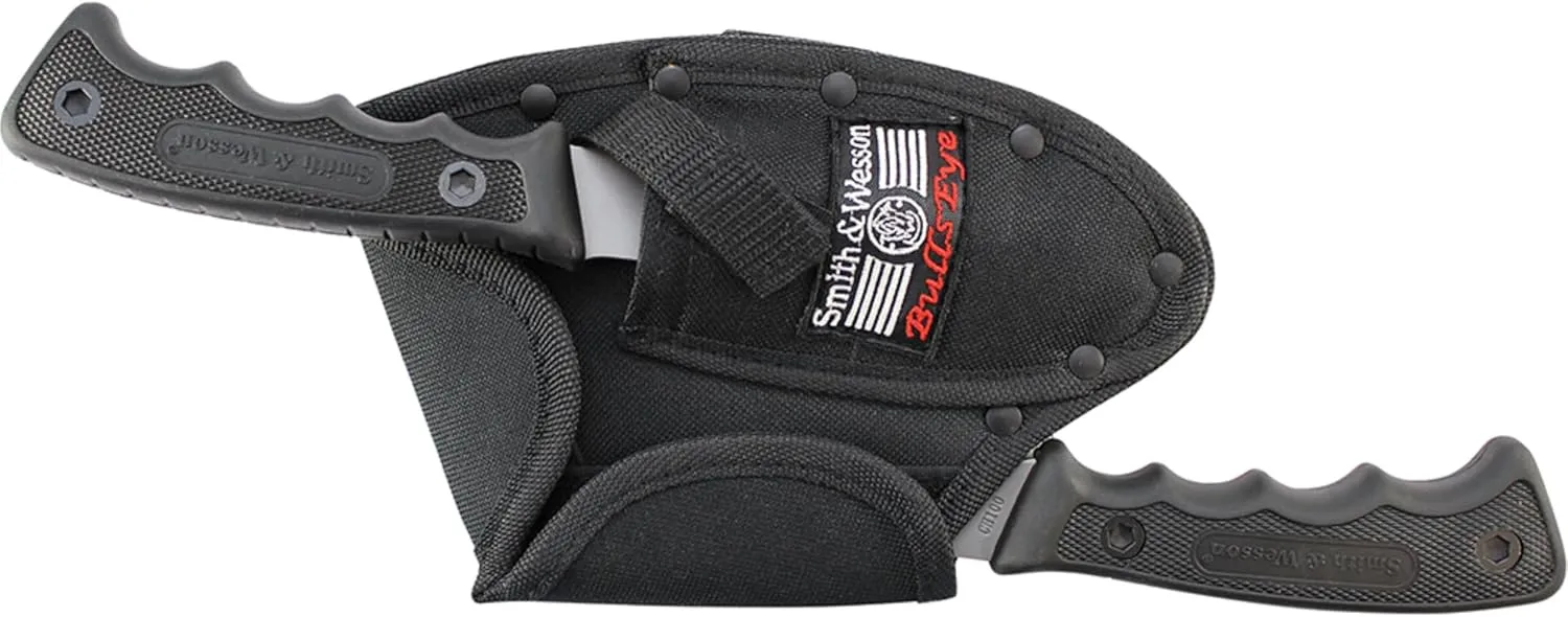 Smith & Wesson Bullseye Hatchet and Fixed Blade Guthook Knife Combo with S.S. Blade and Rubber Handle for Outdoor, Tactical