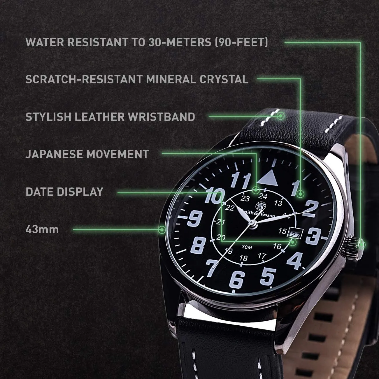 Smith & Wesson Men's Civilian Watch, 3ATM, Tough Stainless Steel case, Genuine Leather Strap, Tactical Watch
