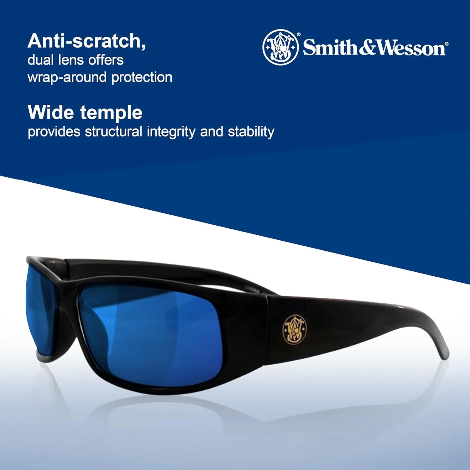 Smith & Wesson® Elite™ Safety Glasses (21307), with Mirror Coating, Blue Mirror Lenses, Black Frame