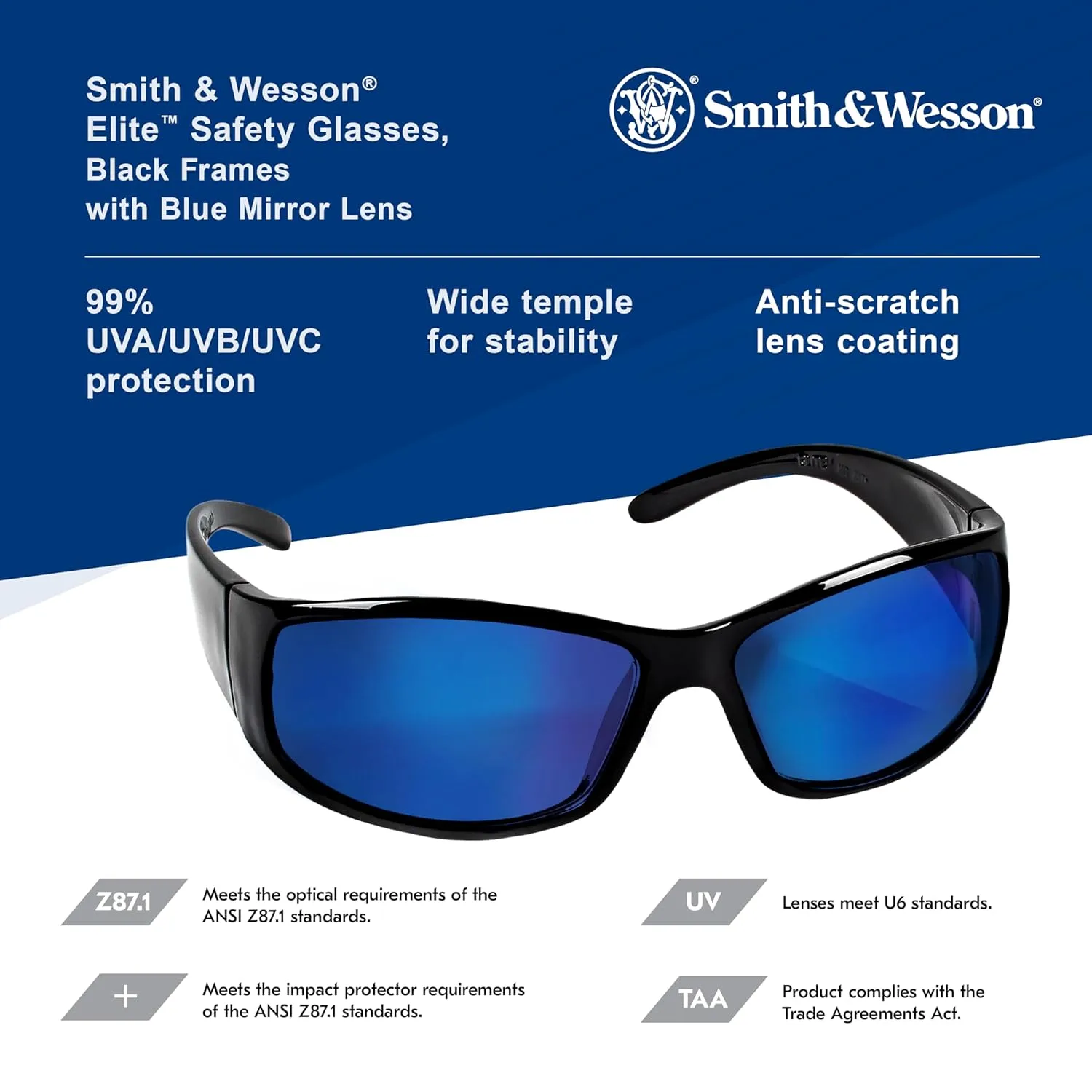 Smith & Wesson® Elite™ Safety Glasses (21307), with Mirror Coating, Blue Mirror Lenses, Black Frame