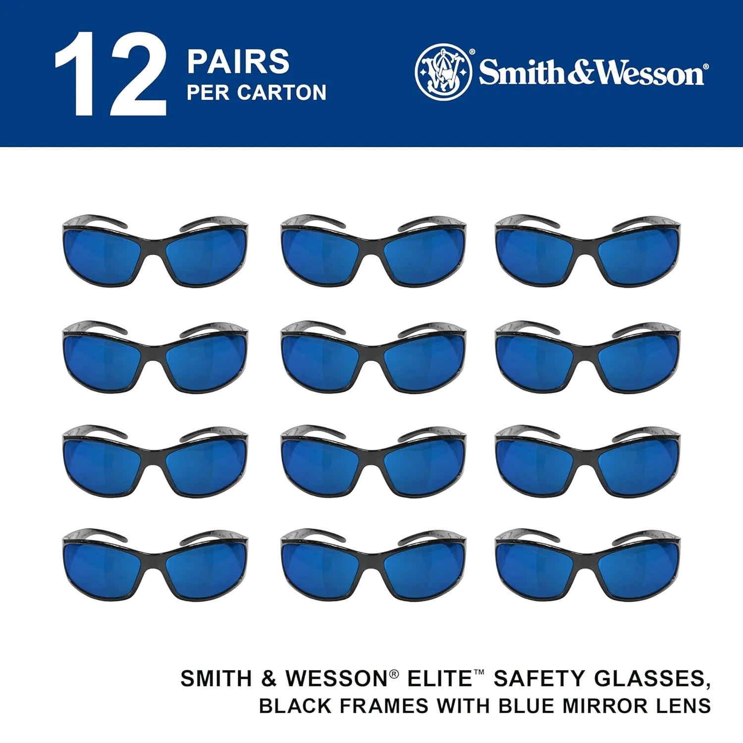 Smith & Wesson® Elite™ Safety Glasses (21307), with Mirror Coating, Blue Mirror Lenses, Black Frame