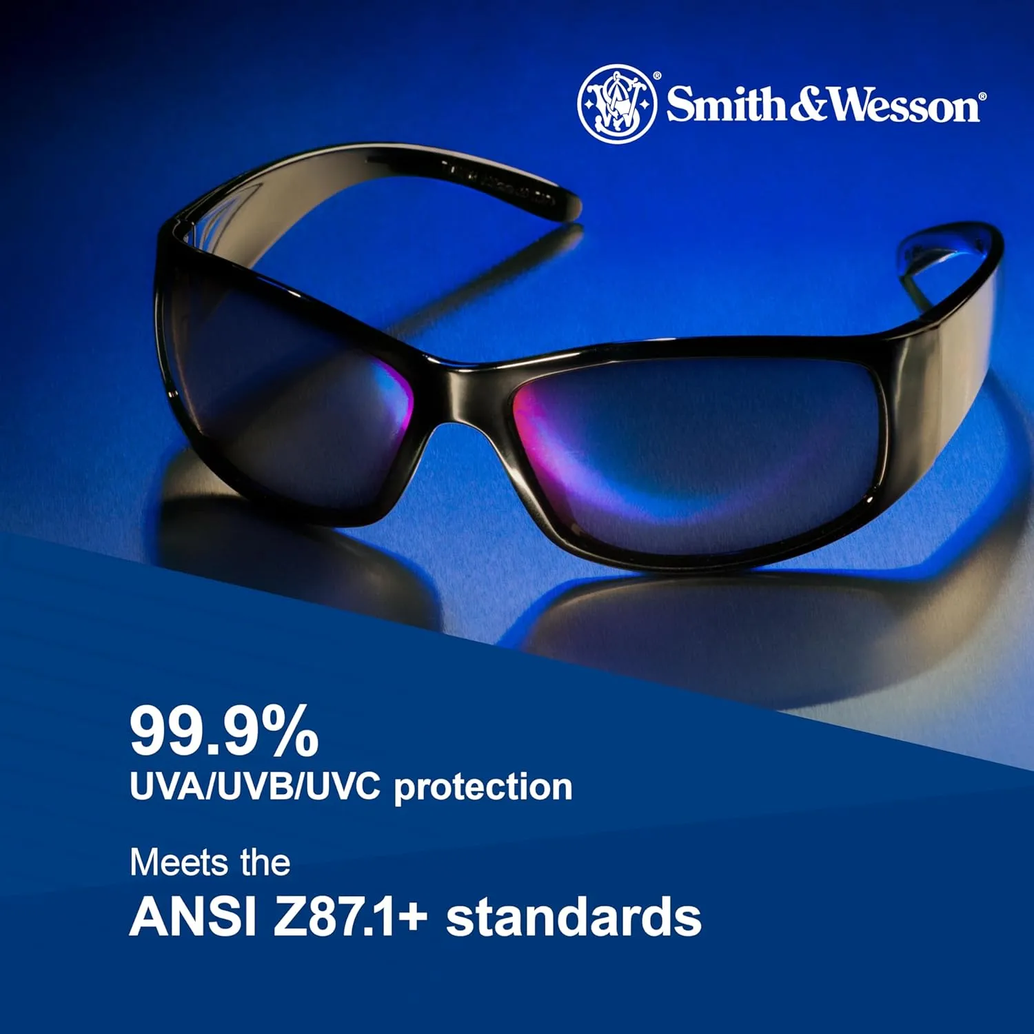 Smith & Wesson® Elite™ Safety Glasses (21307), with Mirror Coating, Blue Mirror Lenses, Black Frame