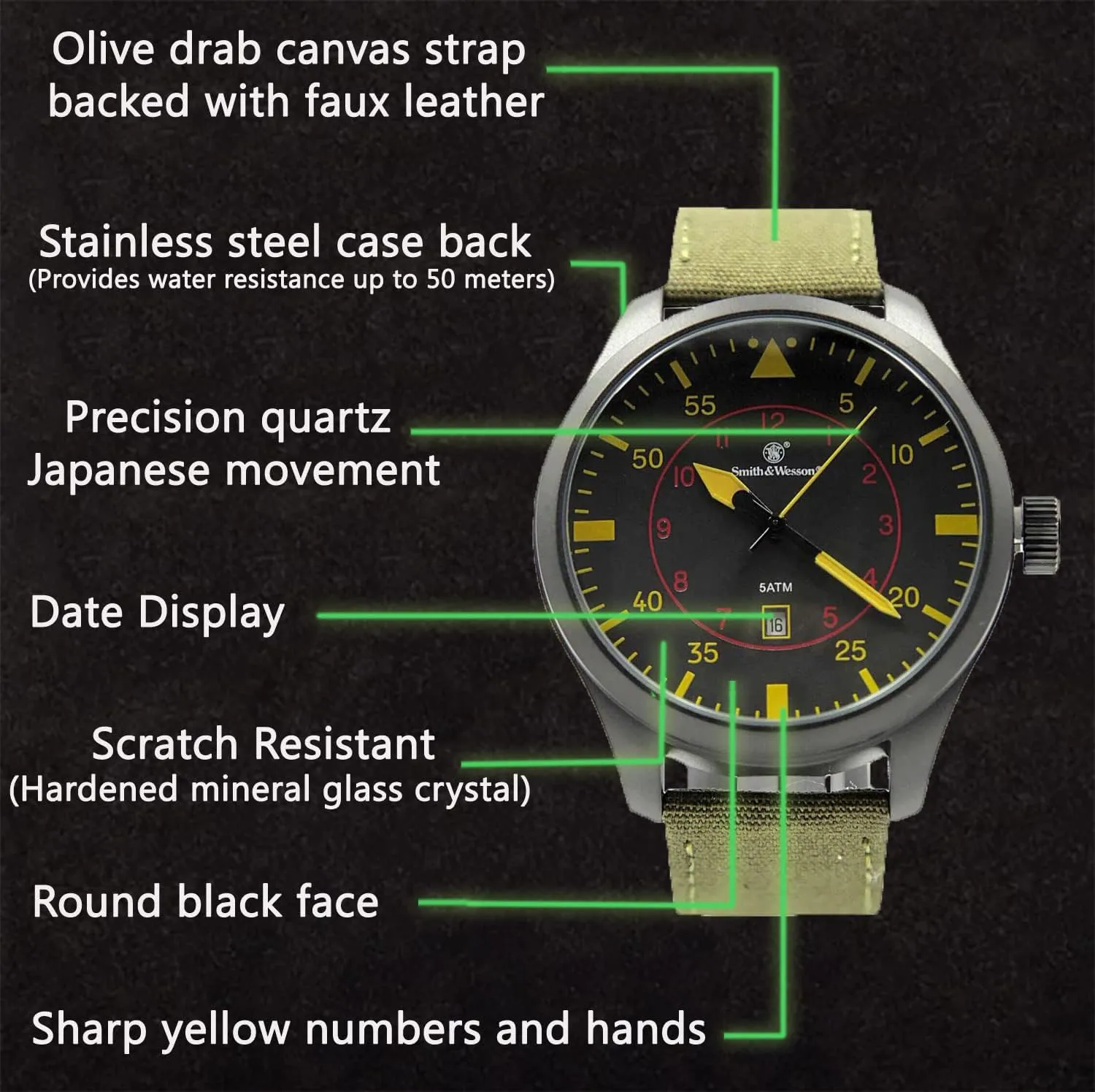 Smith & Wesson Men's N.A.T.O. Watch, 5ATM, Japanese Movement, Stainless Steel, Water Resistant, Tactical Watch