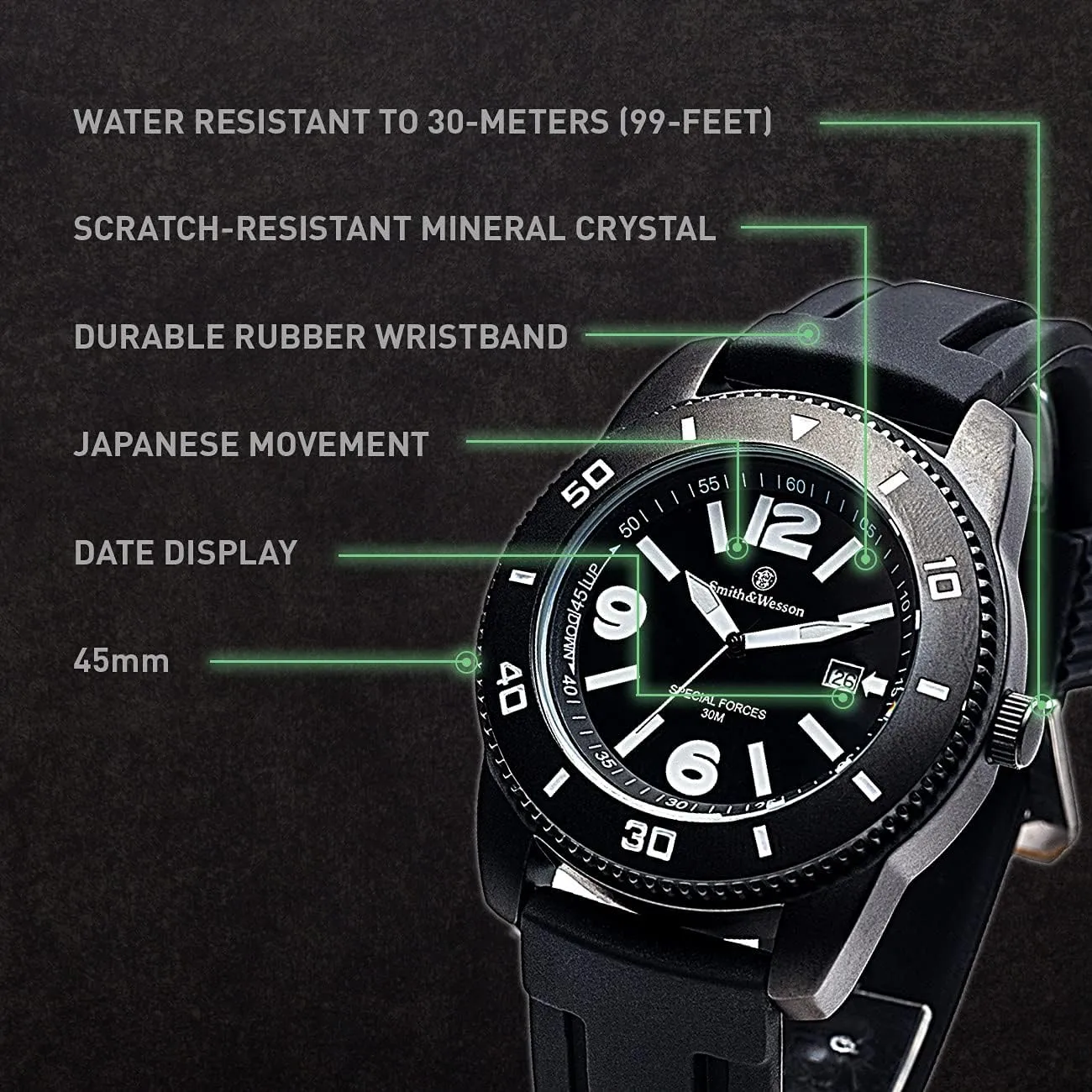 Smith & Wesson Paratrooper Men's Watch, 3ATM, Stainless Steel Caseback, Japanese Movement, Tactical Watch, Scratch Resistant