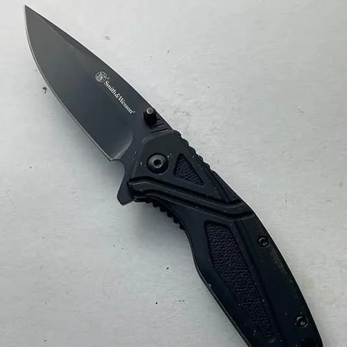 Smith & Wesson SW1101 6.89in Stainless Steel Folding Knife with 3in Drop Point Blade and Rubberized Handle for Outdoor