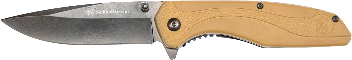 Smith & Wesson SW1103 8.07in Stainless Steel Folding Knife with 3.5in Drop Point Blade and FDE Nylon Handle for Outdoor