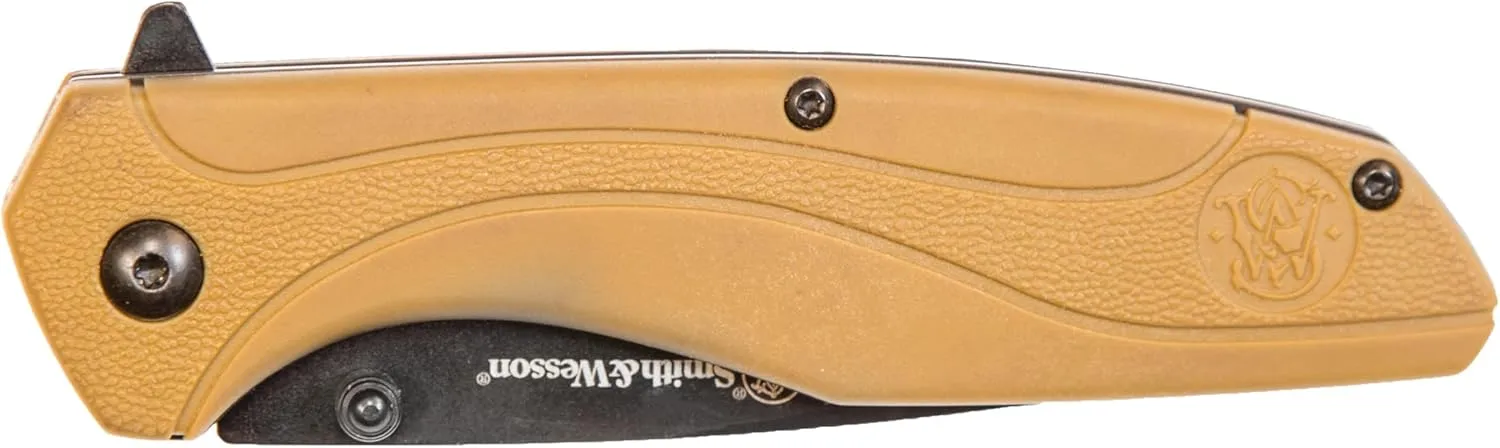 Smith & Wesson SW1103 8.07in Stainless Steel Folding Knife with 3.5in Drop Point Blade and FDE Nylon Handle for Outdoor