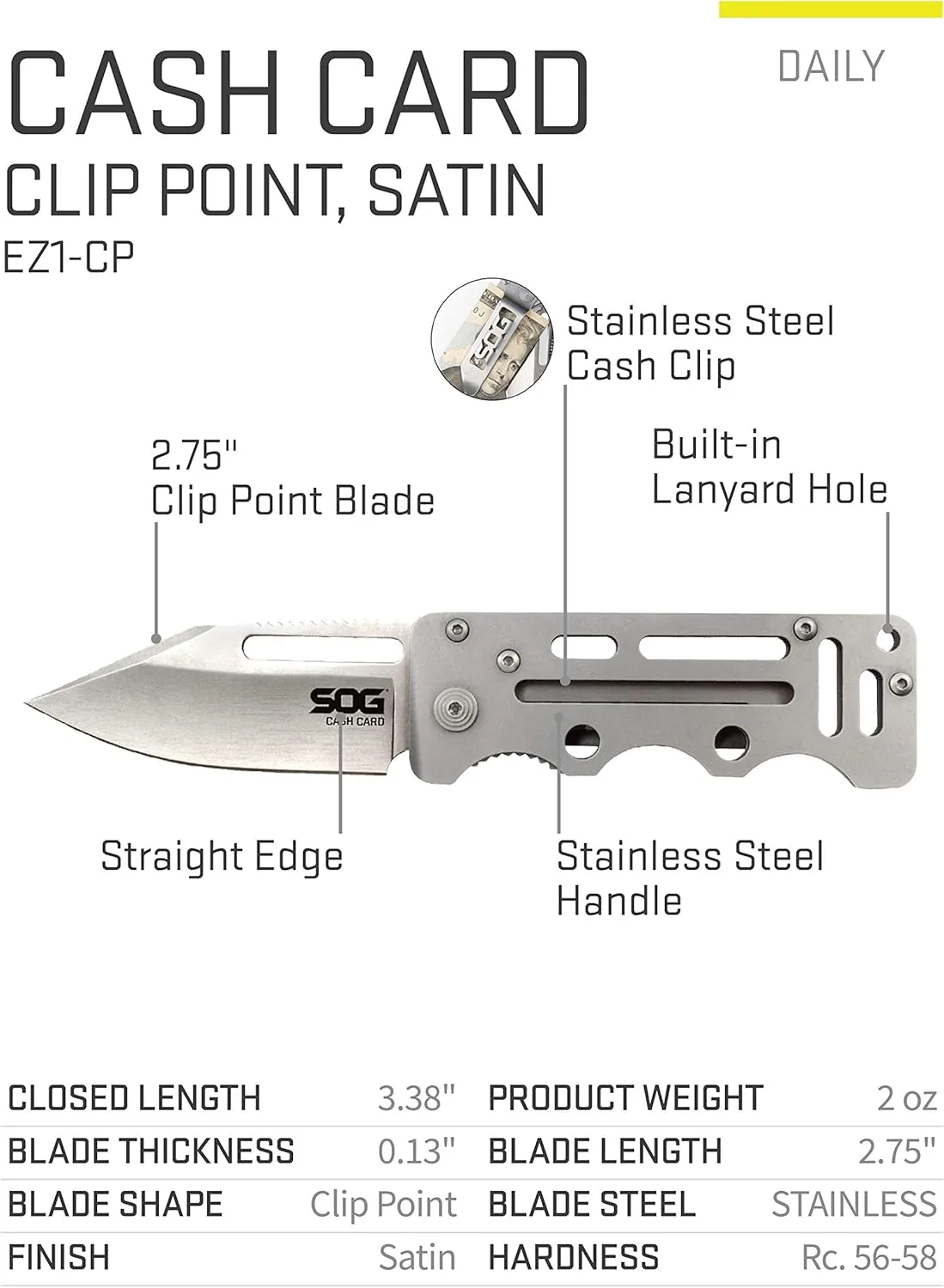 SOG Cash Card Money Clip Pocket Knife- 2.75 Inch Blade EDC Knife with Clip for Pocket, Money or Card Holder