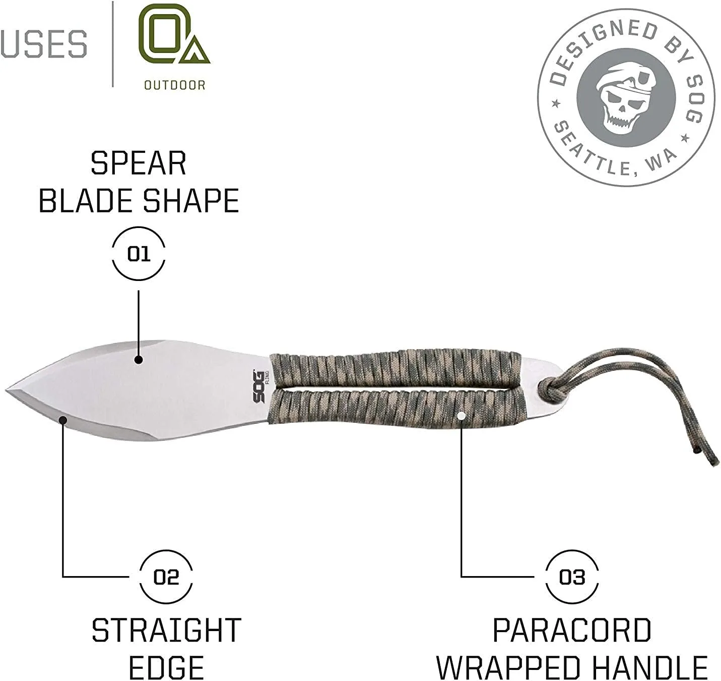SOG Fling Throwing Knives- 3 Pack Balanced Throwing Knife Set with 2.8 Inch Steel Blades and 7 Feet Paracord Wrapped