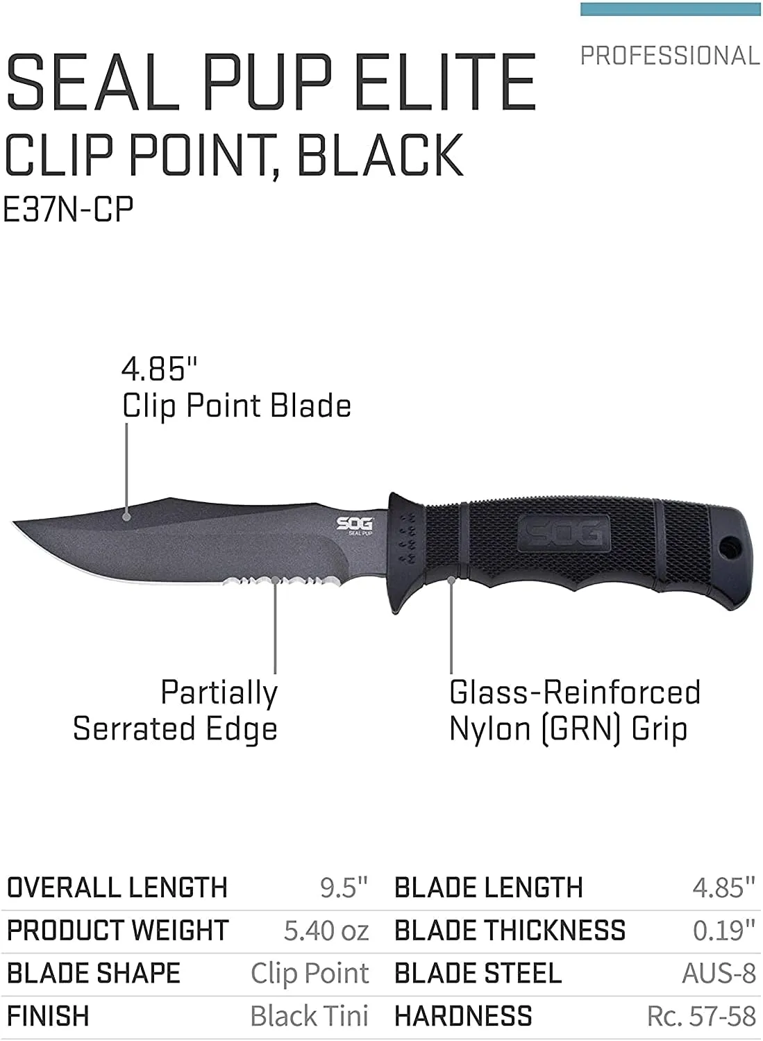 SOG Fixed Blade Knives with Sheath - SEAL Pup Tactical Knife, Survival Knife and Hunting Knife w/ 4.75 Inch Blade and Knife