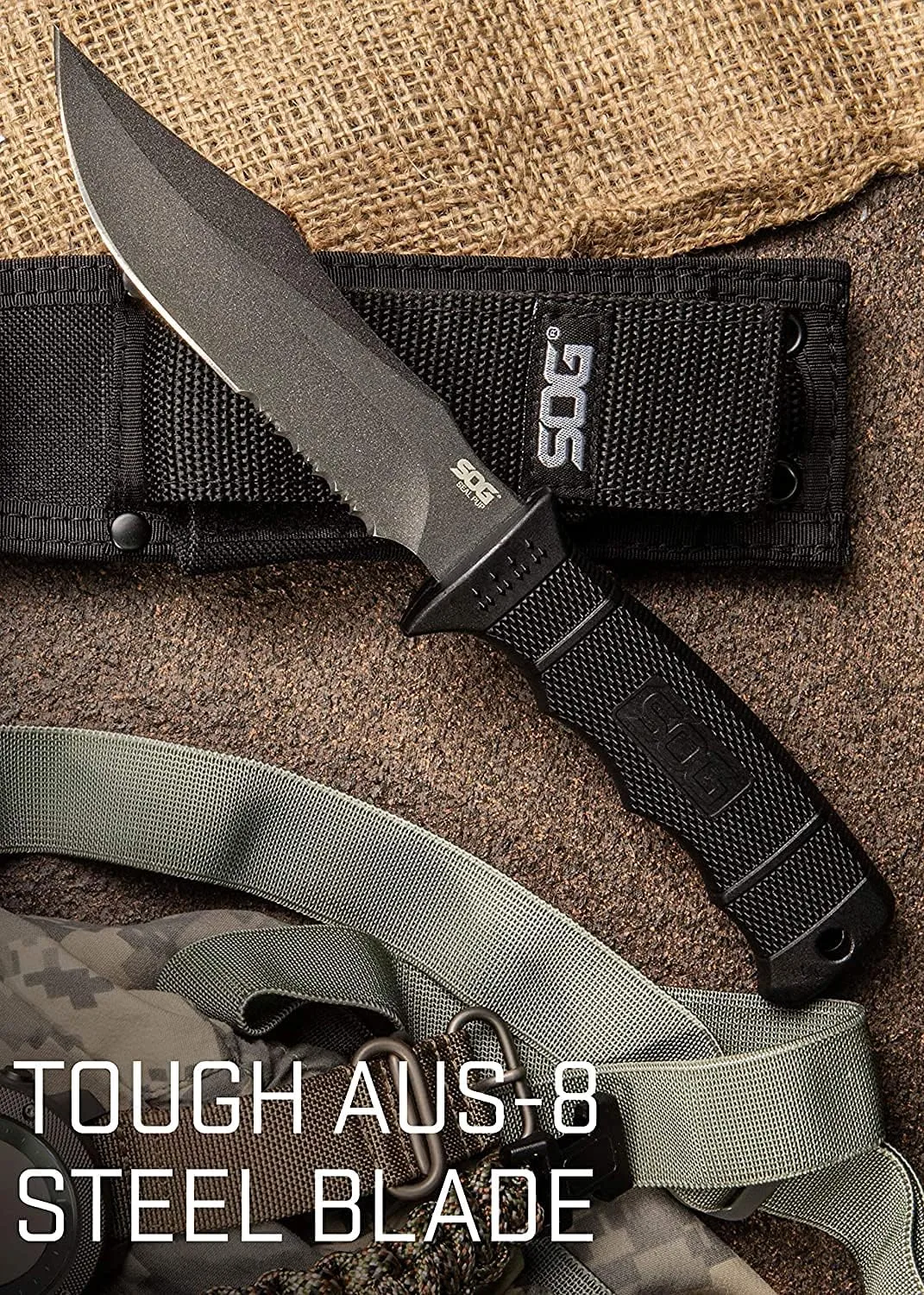 SOG Fixed Blade Knives with Sheath - SEAL Pup Tactical Knife, Survival Knife and Hunting Knife w/ 4.75 Inch Blade and Knife