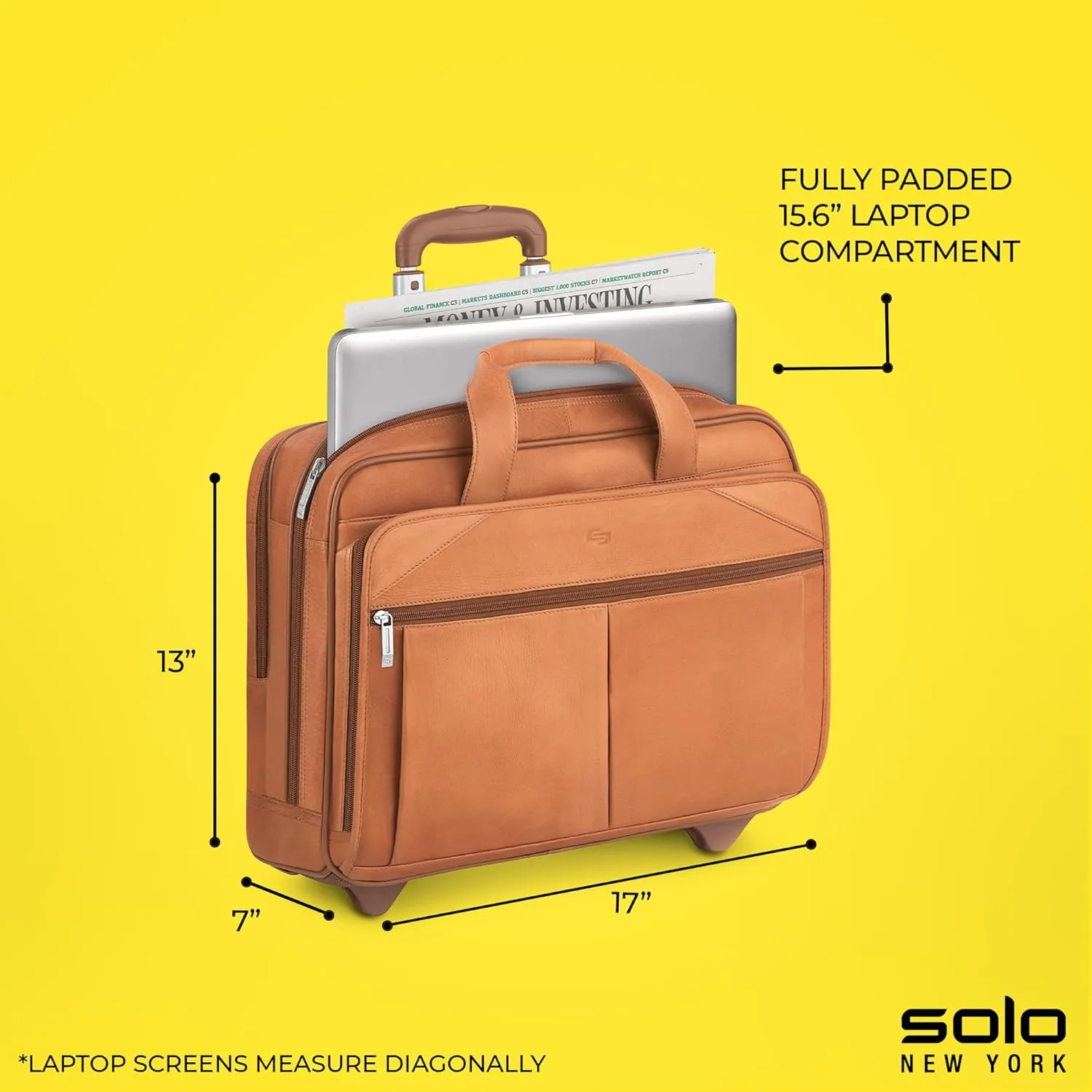Solo New York Leather Rolling Case with Wheels - Roller Laptop Bag, Wheeled Briefcase for Women & Men