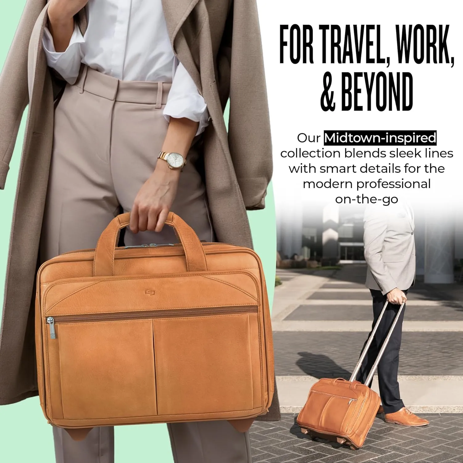 Solo New York Leather Rolling Case with Wheels - Roller Laptop Bag, Wheeled Briefcase for Women & Men
