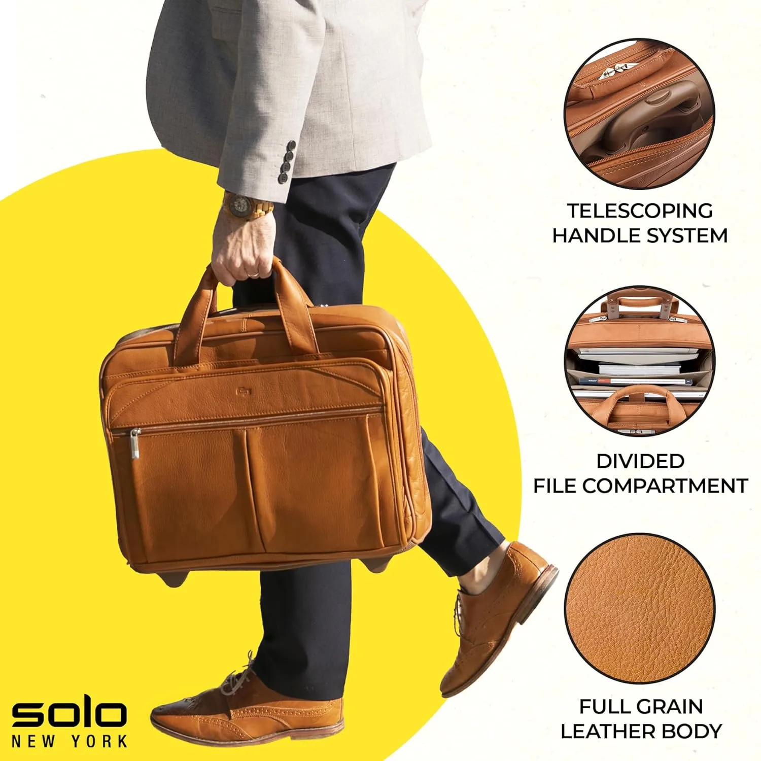 Solo New York Leather Rolling Case with Wheels - Roller Laptop Bag, Wheeled Briefcase for Women & Men