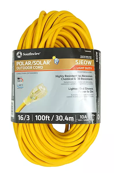 Southwire 100-Foot All-Weather 16/3 Extension Cord with Lighted End, 01289