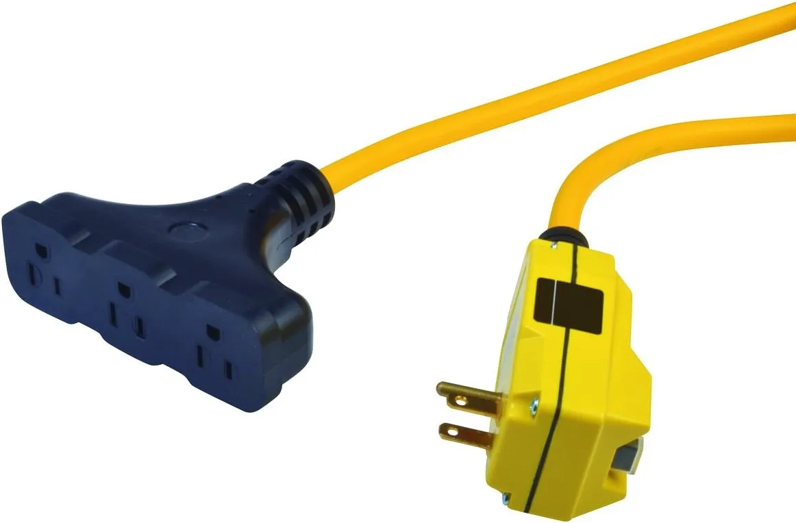Southwire 12/3-Gauge Shockshield GFCI Protected Right Angle Plug Tri-Cord with 3-Outlets; 2-Feet; 15-Amp; Yellow