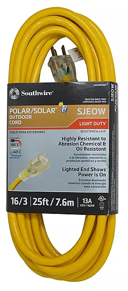 Southwire Polar/Solar Light Duty Extension Cord, 25Ft, 16 Gauge, 3 Conductor, Lighted Ends, SJEOW, Yellow, 1287SW0002