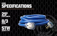 Southwire Extra Heavy Duty Extension Cord, 25Ft, 8 Gauge, 40 AMP, 250 Volt, Welding Cord, STW, Blue, 19178806 25 ft