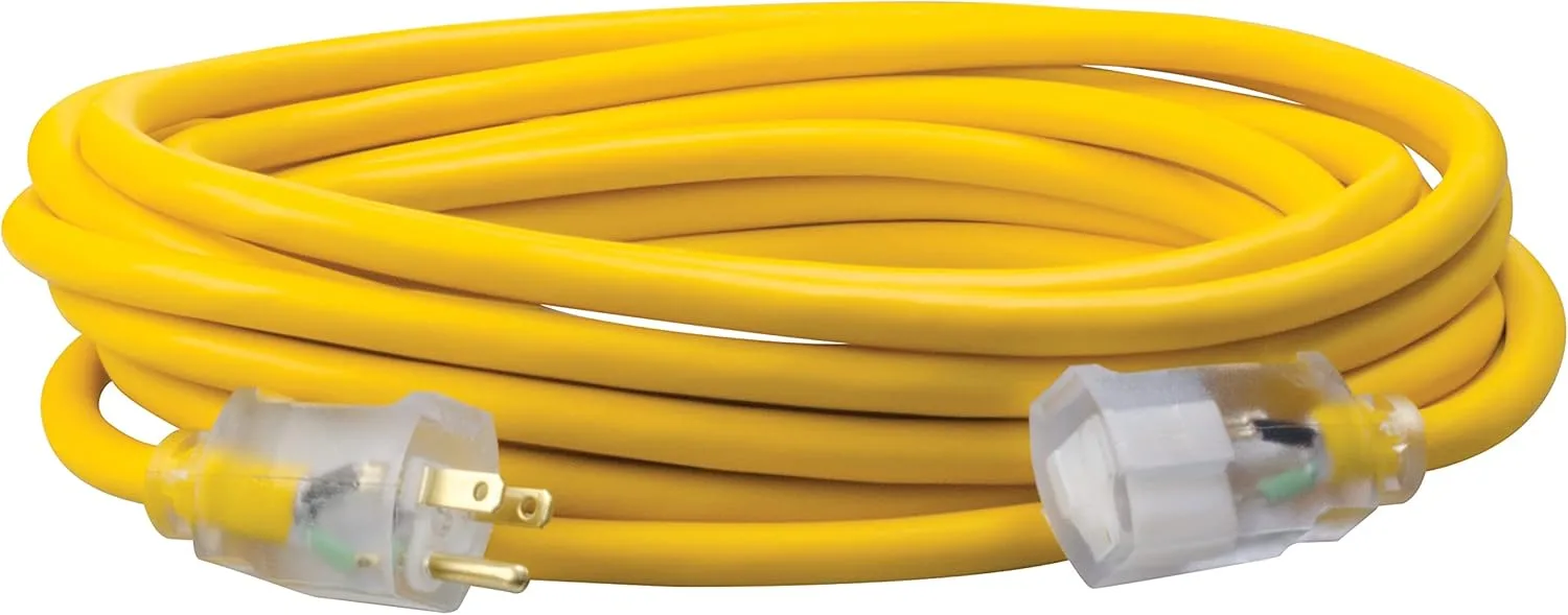 Southwire Polar Solar Heavy Duty Extension Cord, 25Ft, 12 Gauge, 3 Conductor, Outdoor Cord, Lighted End, SJEOOW, Yellow