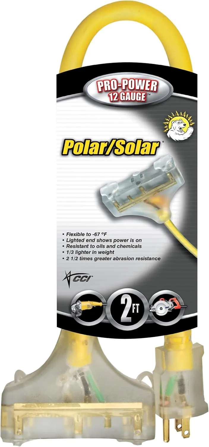Southwire 34820002 3482SW8802 2ft 12/3 SEOW Polar/Solar Three-Way Power Block, 2 ft, Yellow 3-Outlet
