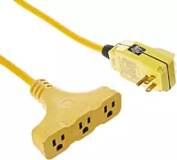 Coleman Cable 148802296 Southwire 120V/15A Right Angle GFCI 12/3 SJEOW Cord Set with Tri-Source Receptacle, 50-Foot, Yellow