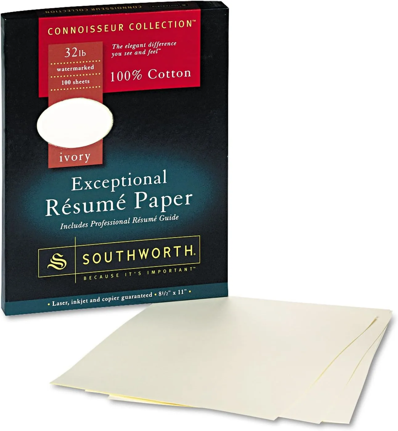 Southworth 100% Cotton Resume Paper, 32 lb, 8.5 x 11, Ivory, 100/Box