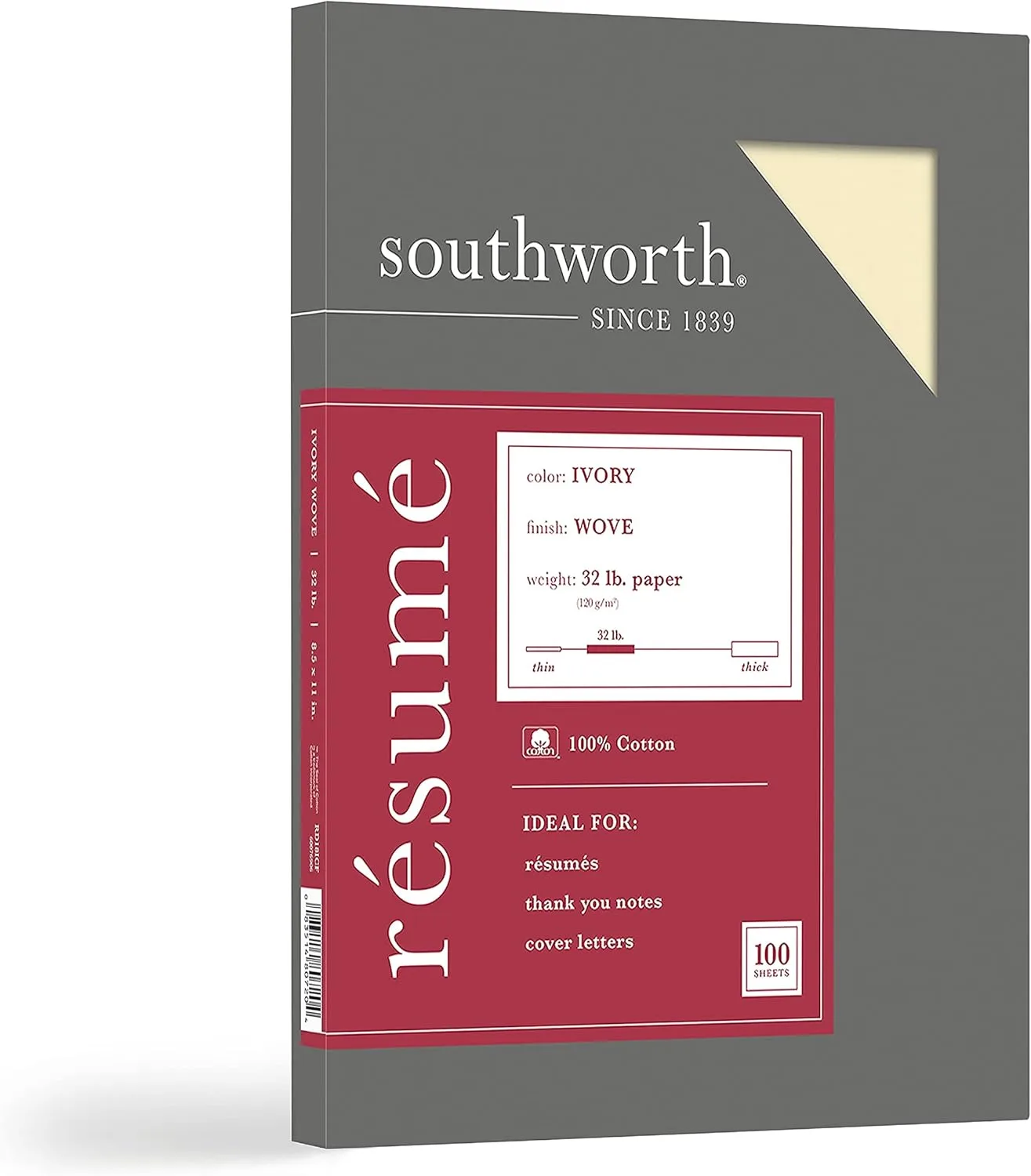 Southworth 100% Cotton Resume Paper, 32 lb, 8.5 x 11, Ivory, 100/Box
