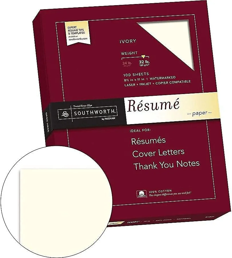 Southworth 100% Cotton Resume Paper, 32 lb, 8.5 x 11, Ivory, 100/Box
