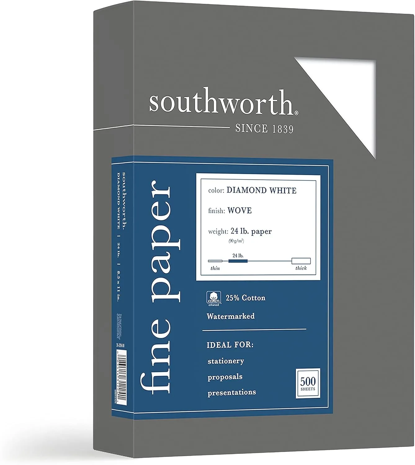 Southworth 25% Cotton Diamond White Business Paper, 24 lb, 8.5 x 11, 500/Box