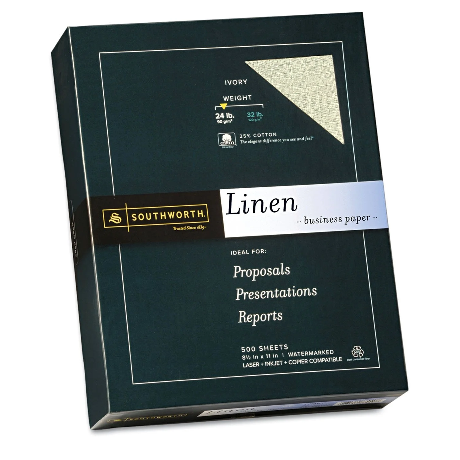 Southworth 25% Cotton Linen Business Paper, Ivory, 24 lb, Letter, 500 Sheets (564C)