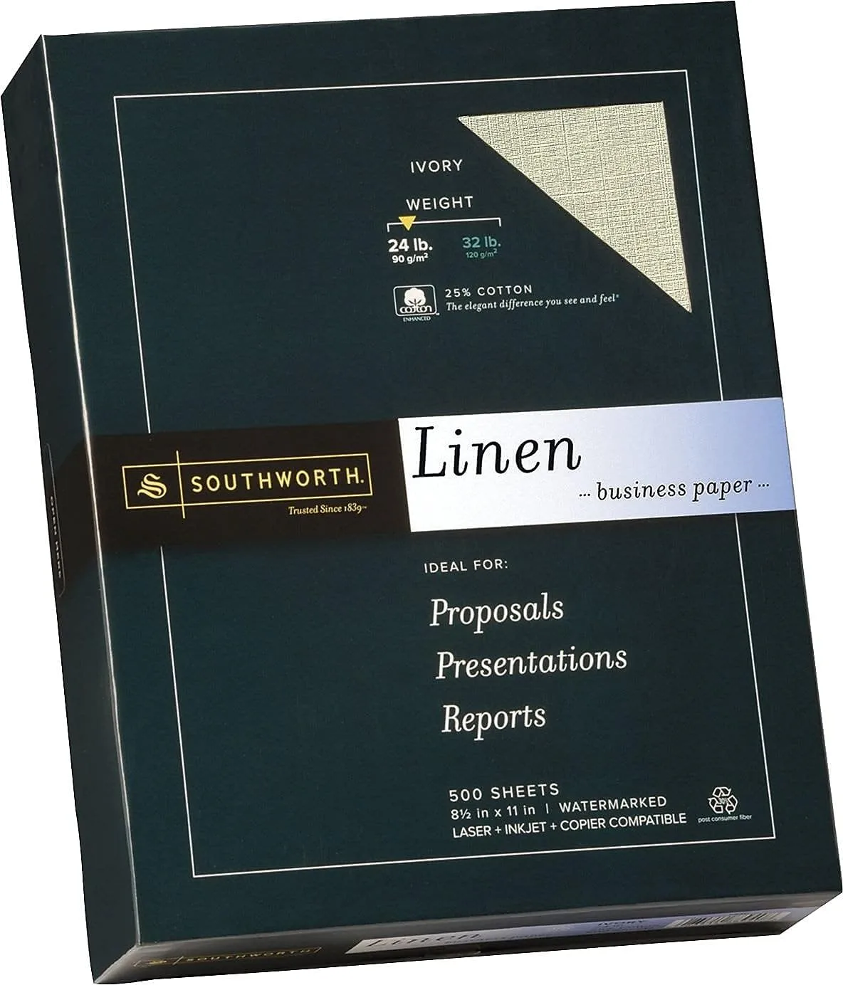 Southworth 25% Cotton Linen Business Paper, Ivory, 24 lb, Letter, 500 Sheets (564C)