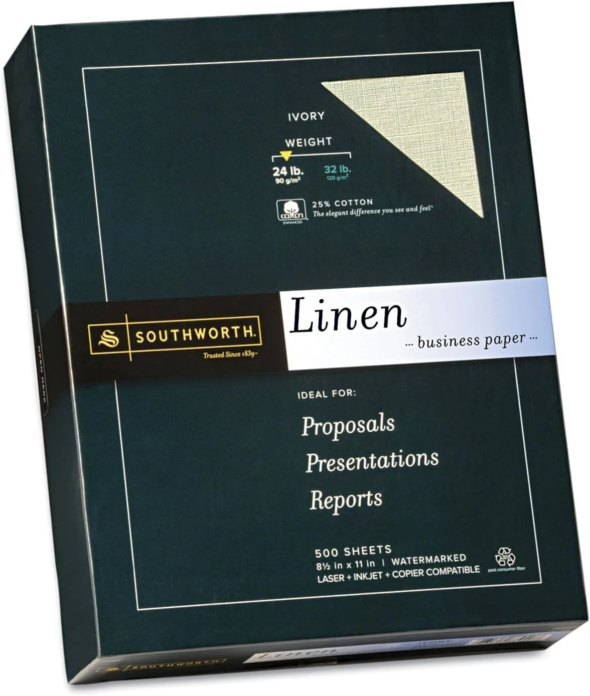 Southworth 25% Cotton Linen Business Paper, Ivory, 24 lb, Letter, 500 Sheets (564C)